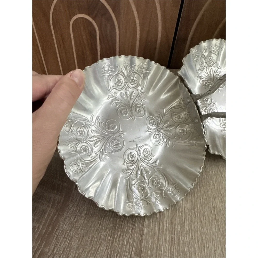 Hammered Aluminum Double Basket w Handle and Fluted Edge Reticulated Florals